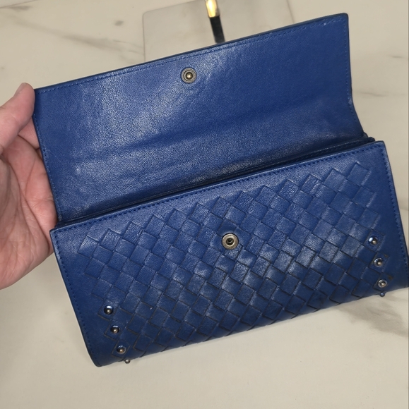 Bottega Veneta Intrecciato Studded Blue Leather Long Wallet with Box and Dustbag - Picture 11 of 15